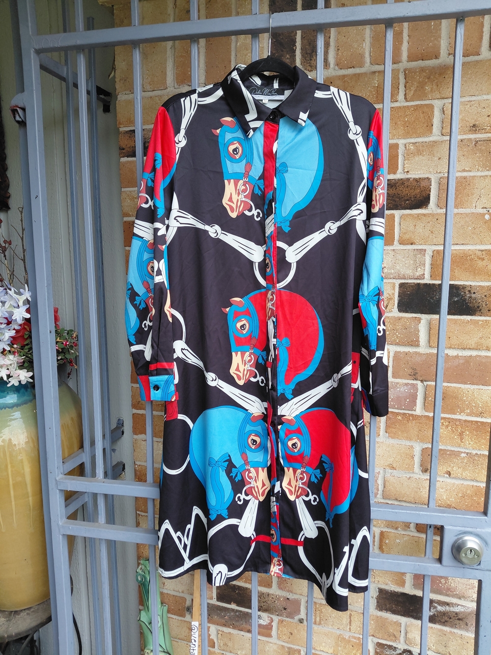 Women Black Longline Button Shirt with Blue and Red Horse Print